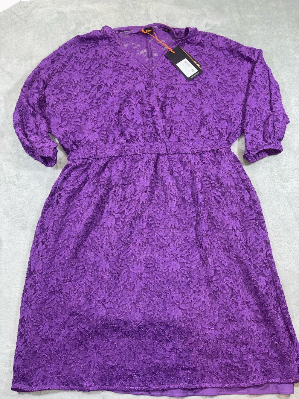 NWT BOSS Desdemona Purple Lace Mini Dress XL Surplice Neck 3/4 Dolman Sleeve